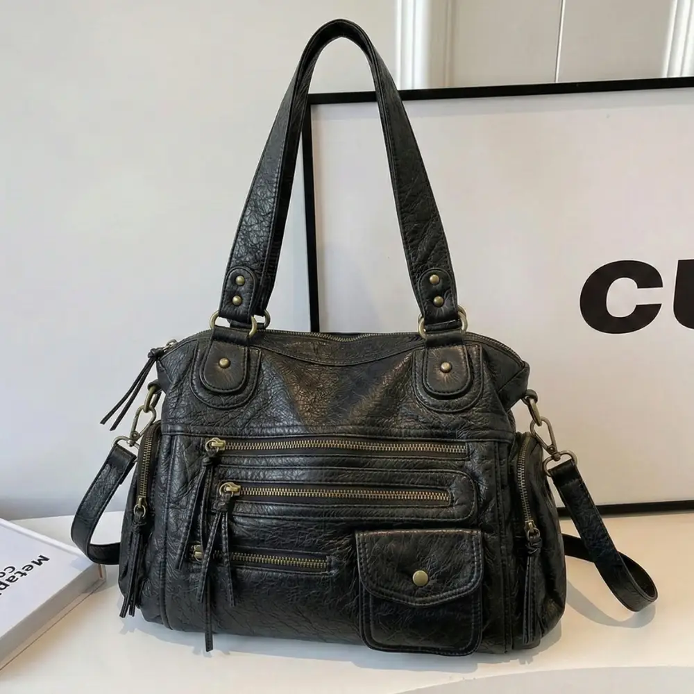 Sac de cours pour la fac en Simili Cuir avec Rangements Noir