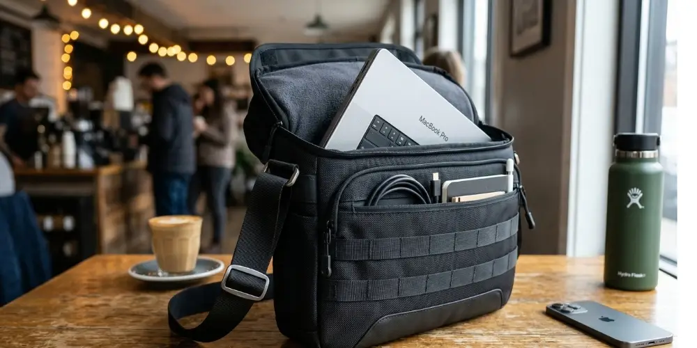 Photographie détaillée d'un sac de cours pour la fac noir semi-rigid