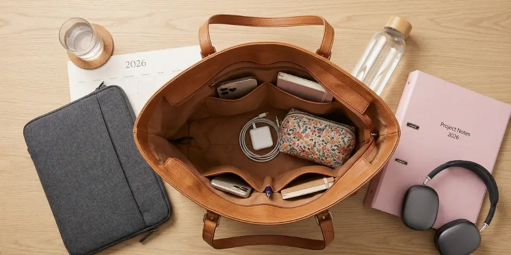 Vue de dessus d'un grand sac de cours pour la fac en simili cuir beige