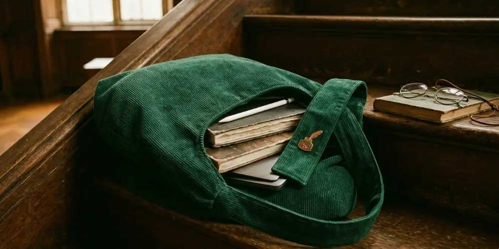 Vue esthétique d'un sac de cours pour la fac en velours côtelé vert émeraude